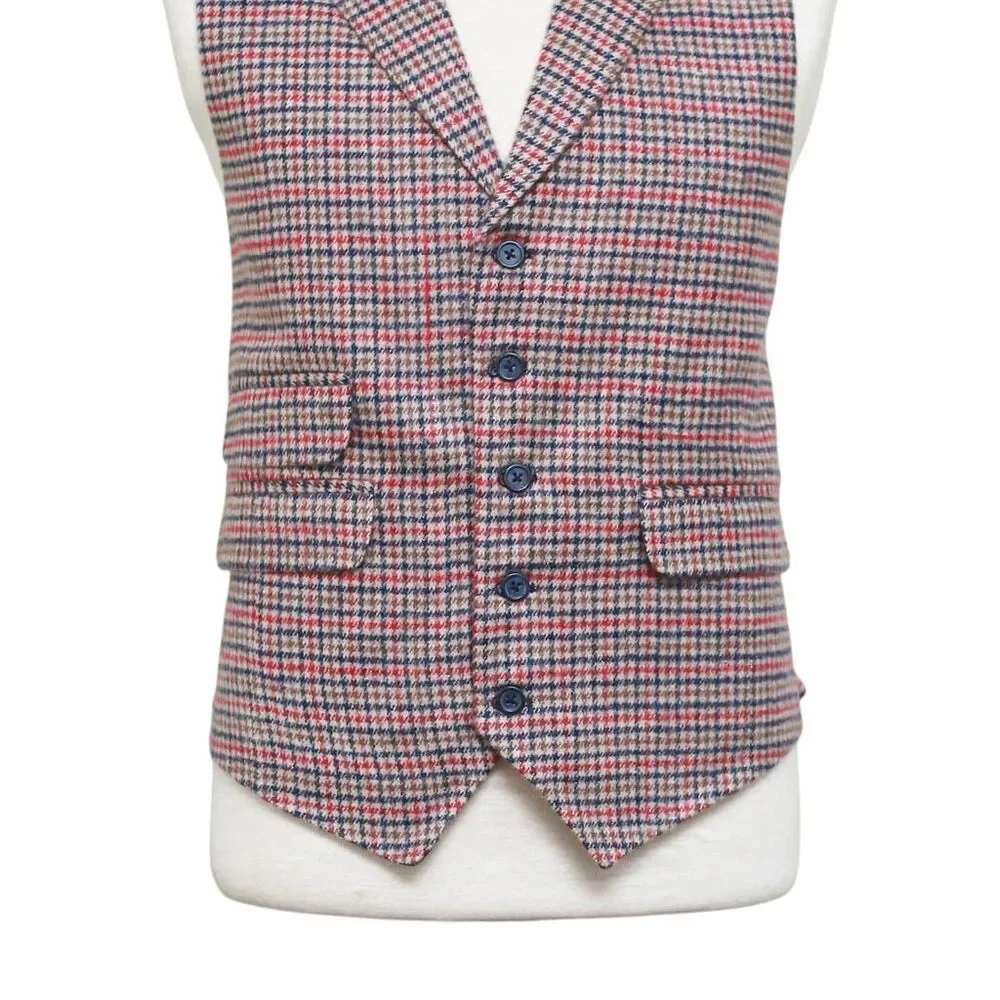 Mens Plaid Check Vest 44R Red Blue Beige Wool Waistcoat XL Western Casual Preppy